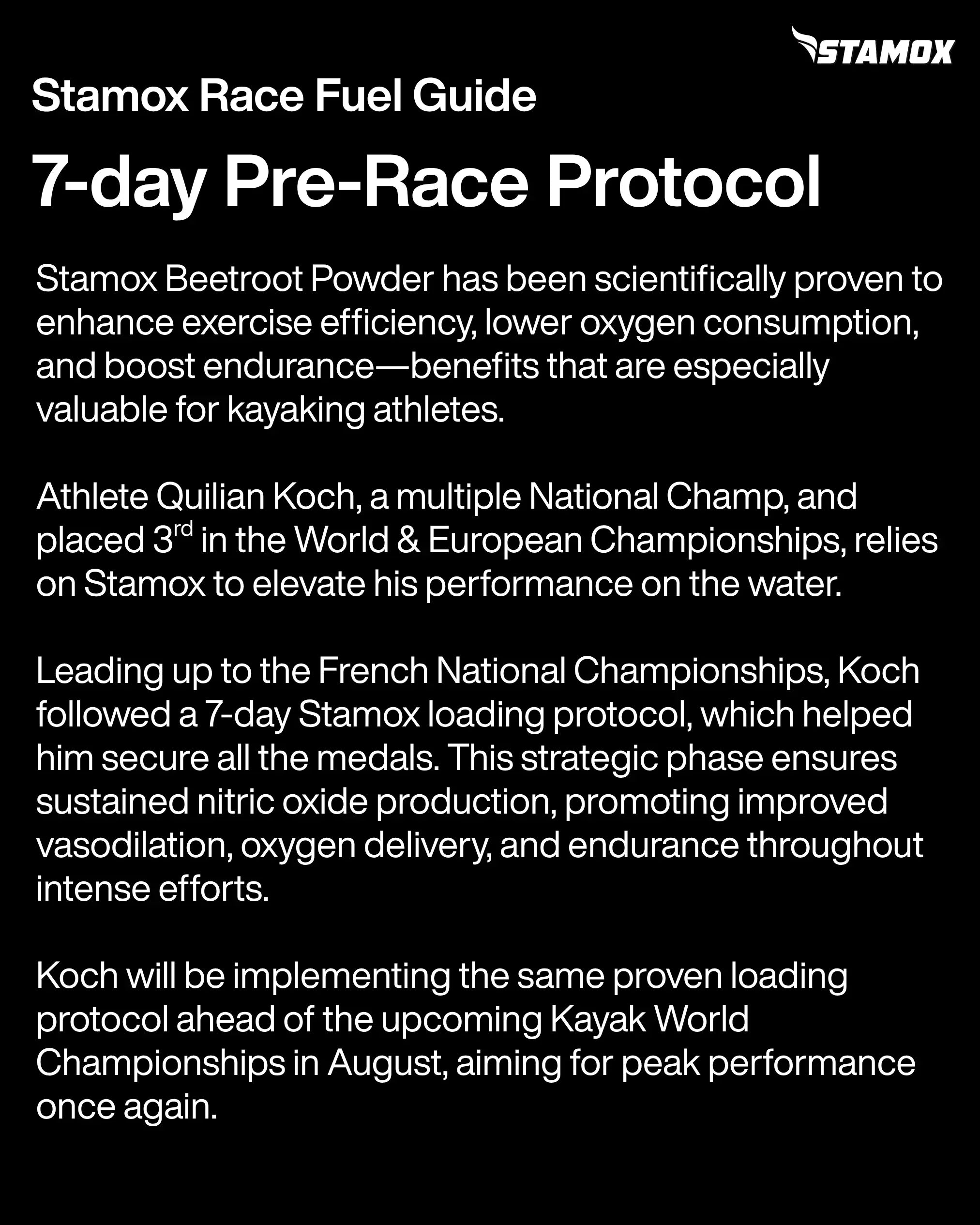 7-Day Stamox Loading Protocol Powers 5 Medals in 5 Days at the French Kayak Nationals - Stamox is a Pure and Patented Beetroot Extract Powder: A Supplement for Health, Speed & Endurance. Stamox Beetroot Extract Powder: A Sports Endurance Supplement for Health, Speed & Endurance. Boost endurance, stamina, vo2, vo2max, vo2 max, delay fatigue