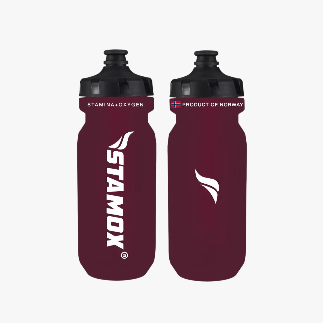 Two maroon Stamox water bottles with black lids on a white background