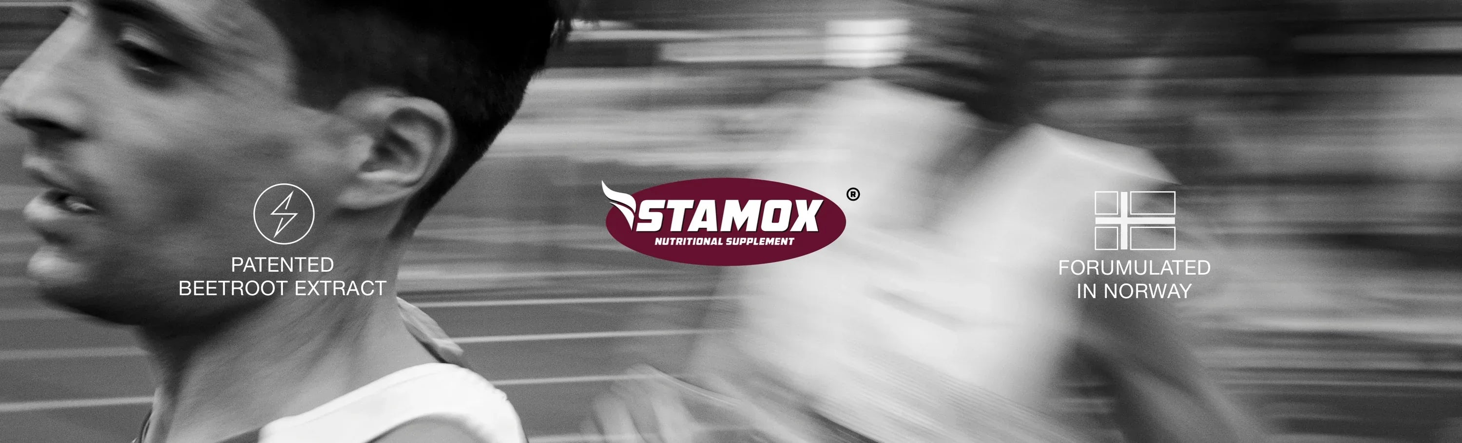 Runner in motion with stamox beetroot powder logo, highlighting patented beetroot extract