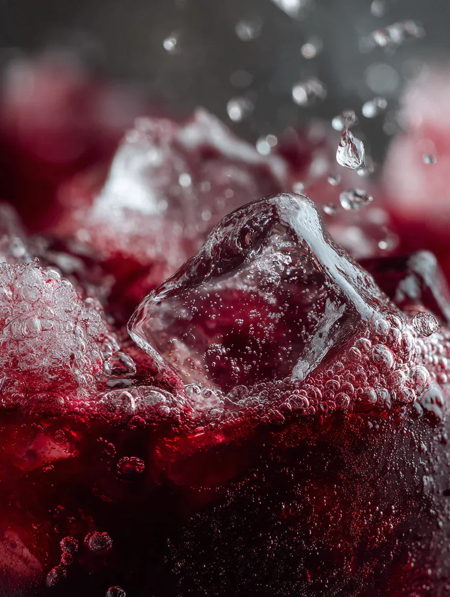 Close-up of ice cubes and red berries with water droplets on a dark background