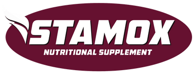 Stamox beetroot powder nutritional supplement logo with maroon oval background