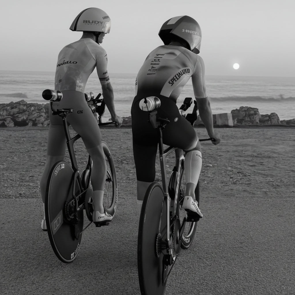 Two cyclists in aero gear training by the ocean, optimizing vo2 max with beetroot sport nutrition.
