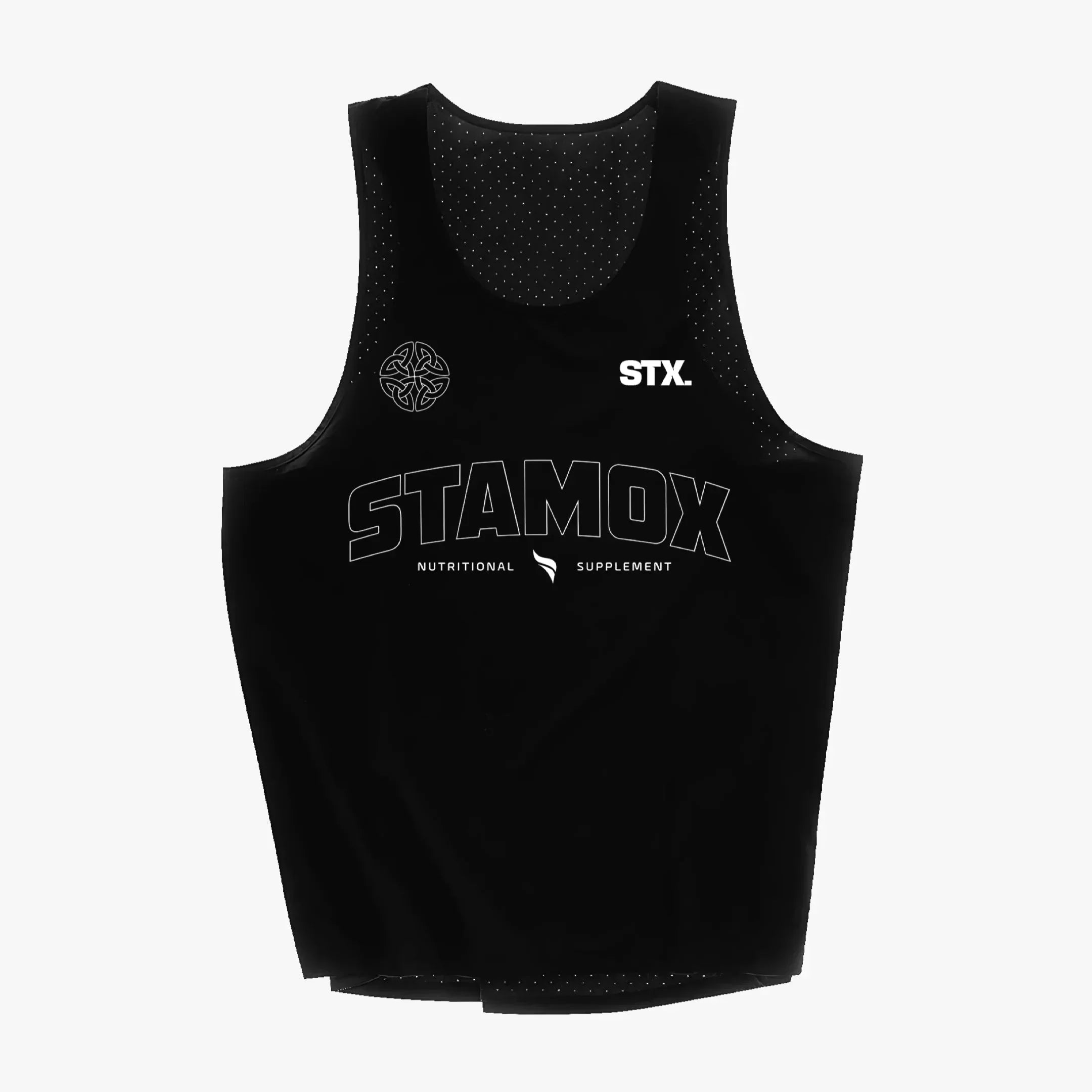 Black tank top with 'STAMOX' and 'STX' branding on a white background