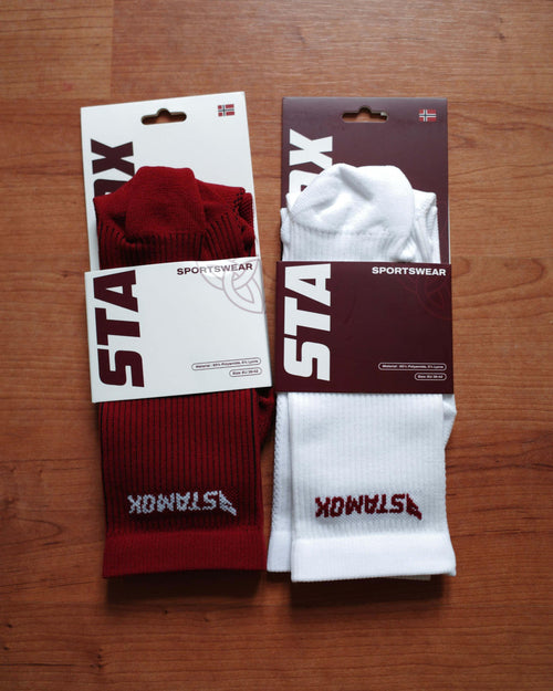 Red and white Stamox sportswear socks for beetroot sport nutrition VO2 max athletes