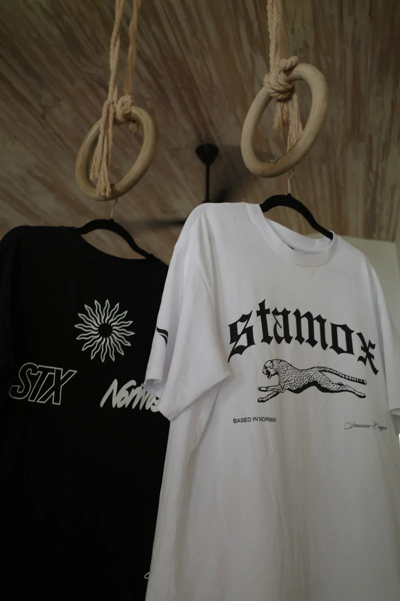 Stamox beetroot powder t-shirt designs in black and white hanging on gym rings