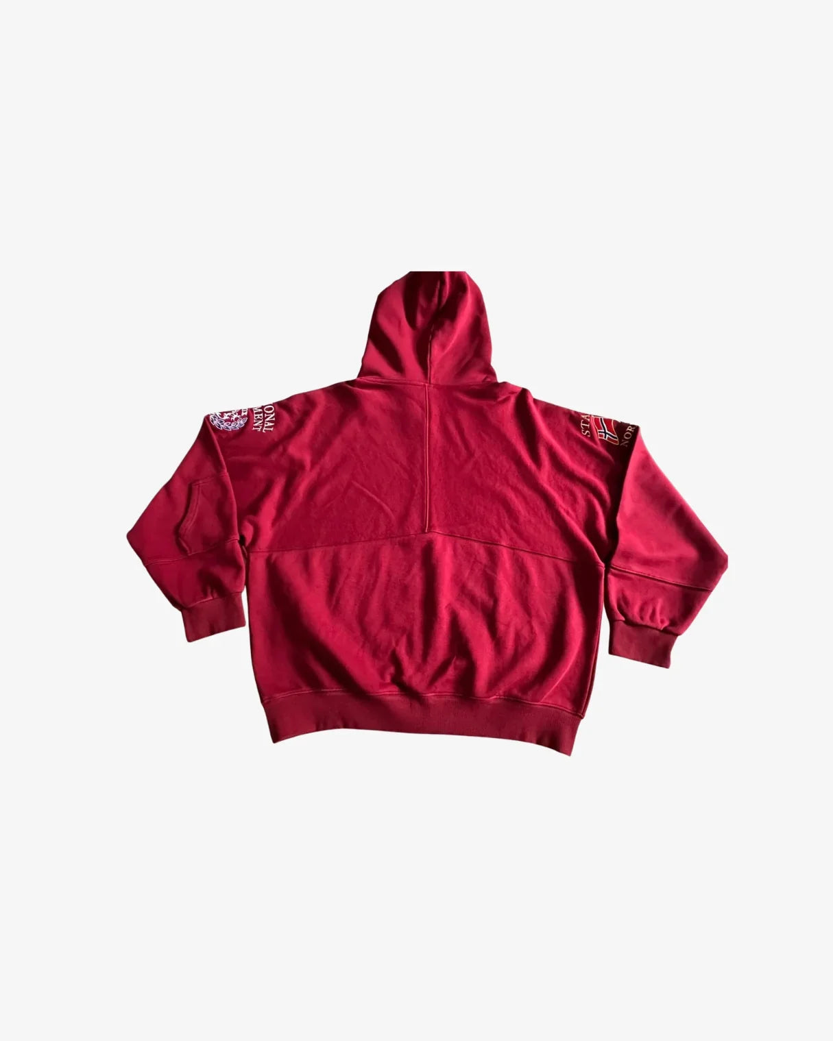 Red hoodie with sleeve patches, stamox beetroot powder inspired apparel, back view