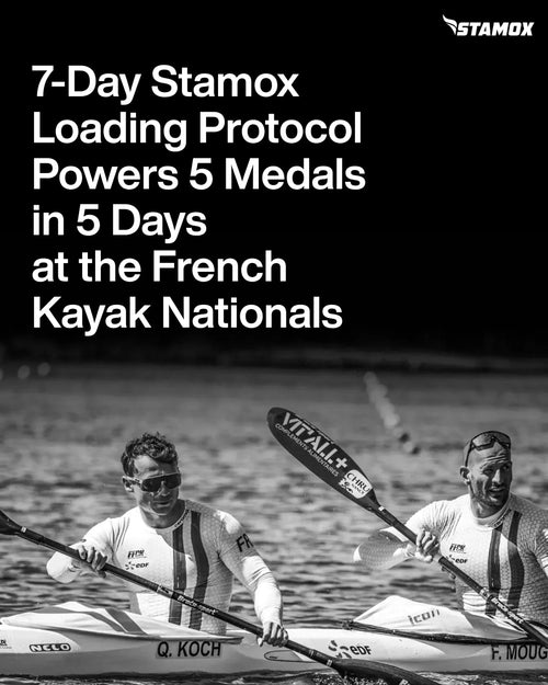 Two athletes kayaking with Stamox Beetroot Powder branding, promoting stamina and performance