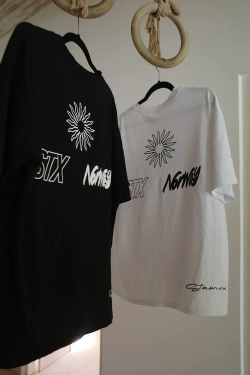 Black and white graphic t-shirts with Stamox branding, promoting Stamox beetroot powder.