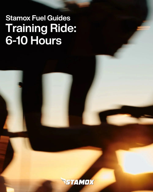 Cyclist riding at sunset with Stamox Beetroot Powder logo, training ride fuel guide.