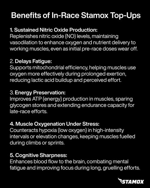 Infographic listing benefits of Stamox beetroot powder for endurance, nitric oxide, and muscle oxygenation.