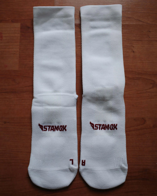 White Stamox compression socks for beetroot sport nutrition VO2 max performance.