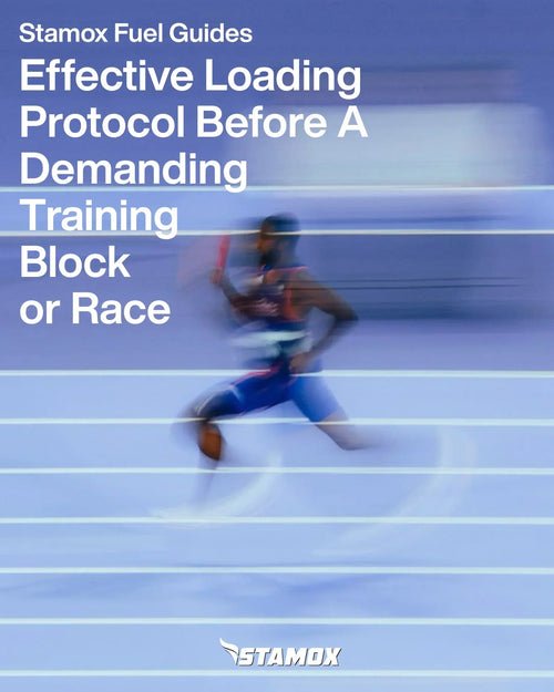 Stamox beetroot powder loading guide text over athlete running on track, boost endurance.