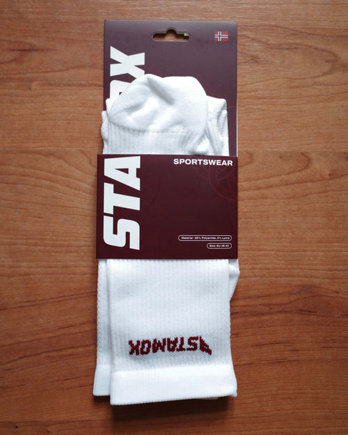 White Stamox sportswear socks in packaging for beetroot sport nutrition vo2 max athletes.