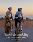 Two cyclists in racing gear by the ocean at sunset promoting Stamox beetroot powder