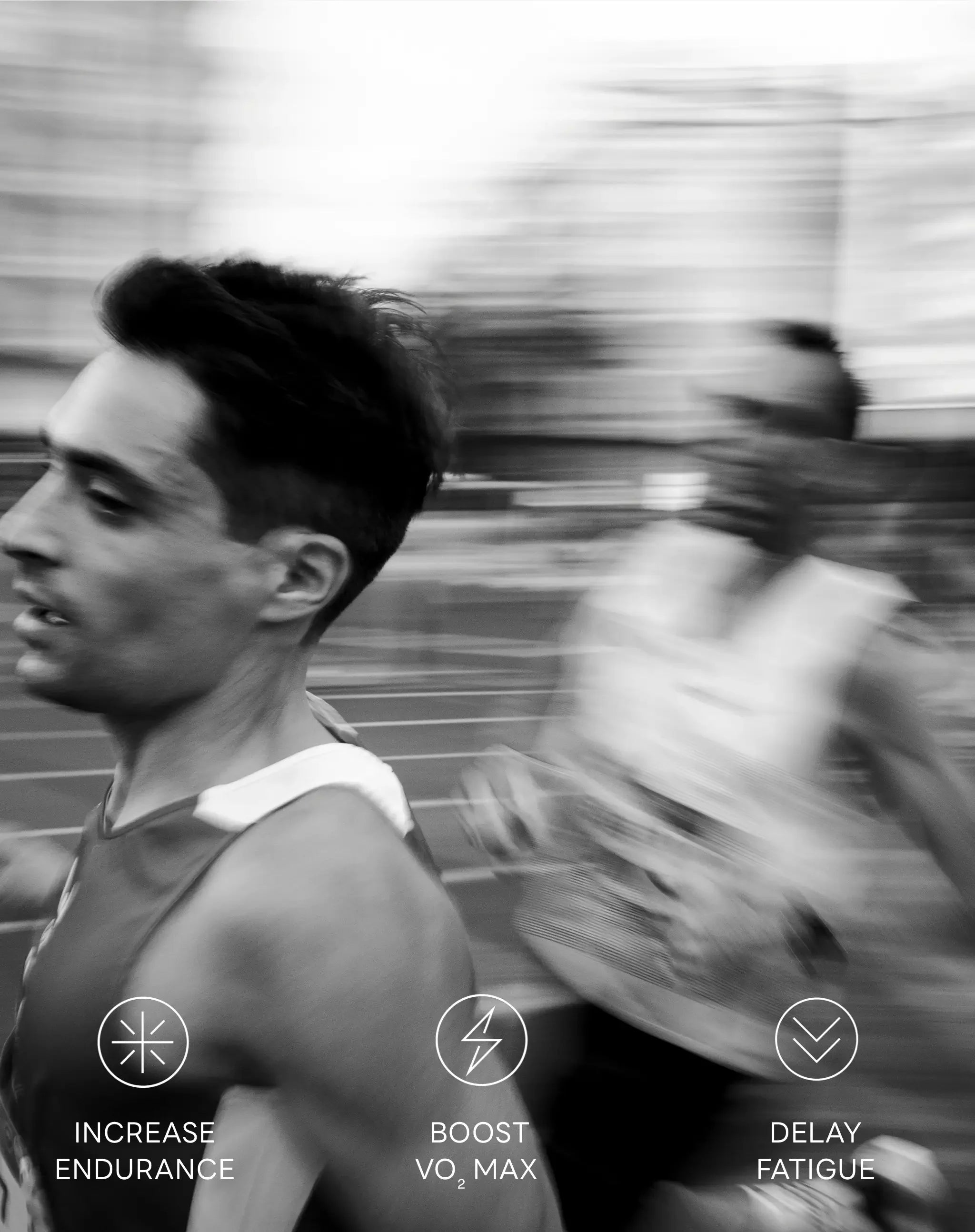 Runners in motion with text highlighting stamox beetroot powder for endurance, VO2 max, and fatigue delay.
