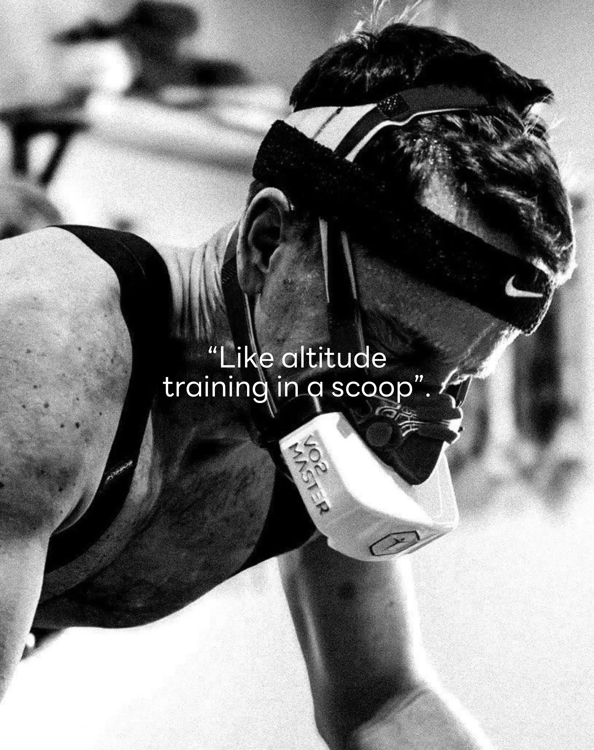 Athlete wearing a VO2 mask training intensely with stamox beetroot powder text overlay