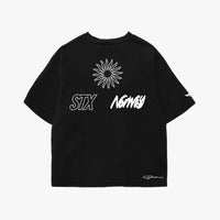 Black t-shirt with white graphics and text on a white background. Stamox Heavyweight + Oversized T-Shirt. Training and Casual Wear