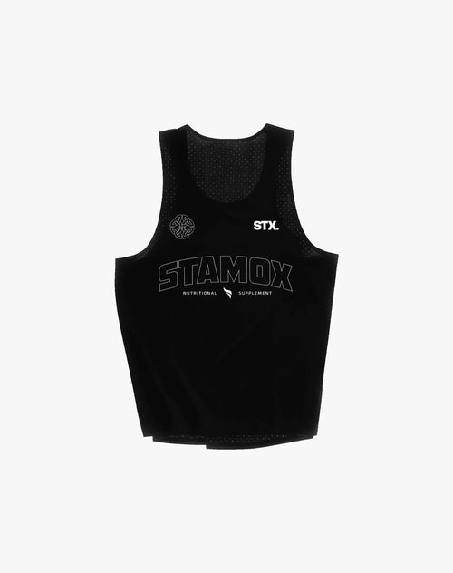 Black athletic tank top with Stamox Beetroot Powder logo and STX text, sports nutrition branding