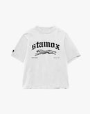 White t-shirt with Stamox logo, running cheetah graphic, stamox beetroot powder branding