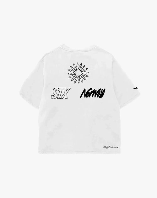White t-shirt with sun graphic, STX, Norway, and Stamox logos, stamox beetroot powder