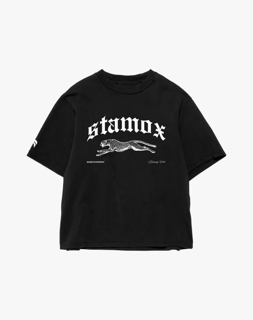 Black t-shirt with stamox beetroot powder logo and leopard graphic for endurance boost