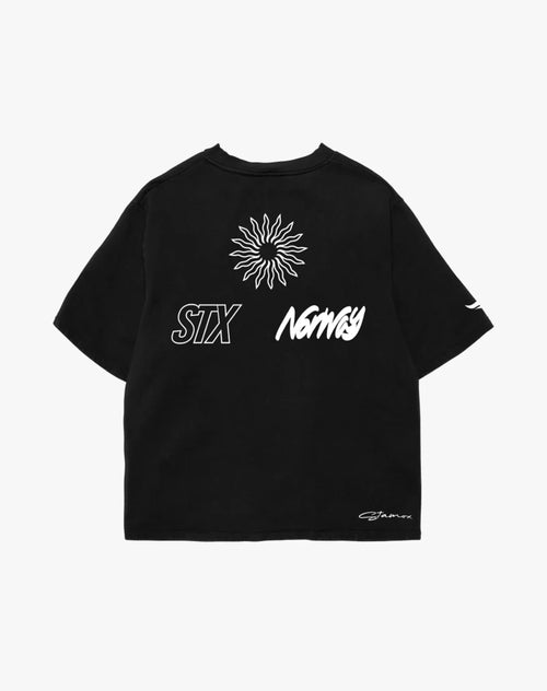Black t-shirt with white sunburst, STX, Norway, and Stamox Beetroot Powder branding on back