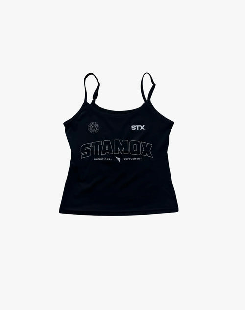 Black camisole with Stamox Beetroot Powder logo and supplement branding on front