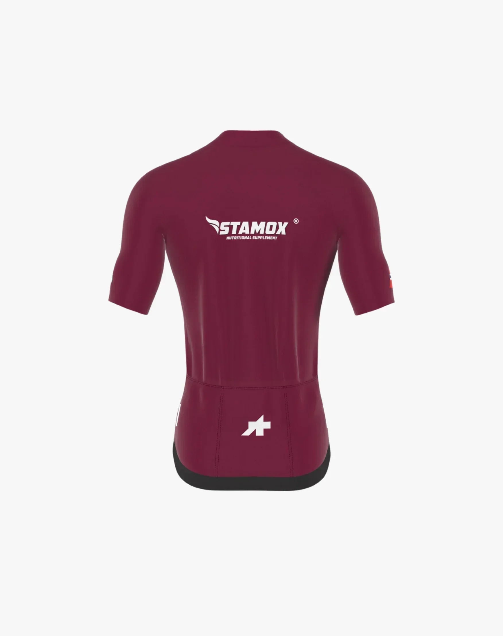 Maroon cycling jersey with Stamox Beetroot Powder logo and branding, rear view.
