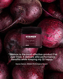Stamox beetroot powder container with whole beetroots and athlete testimonial in background.