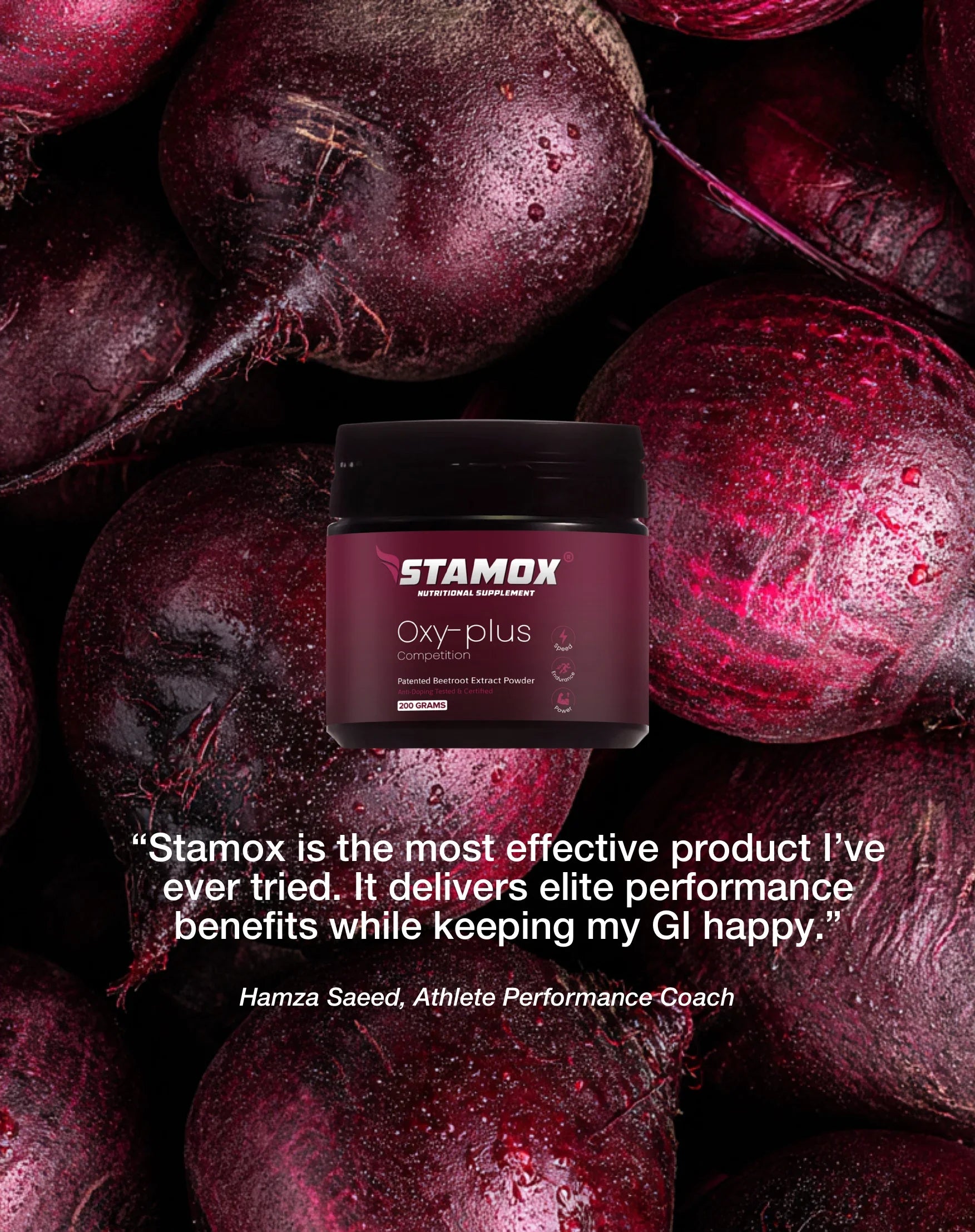 Stamox beetroot powder container with whole beetroots and athlete testimonial in background.
