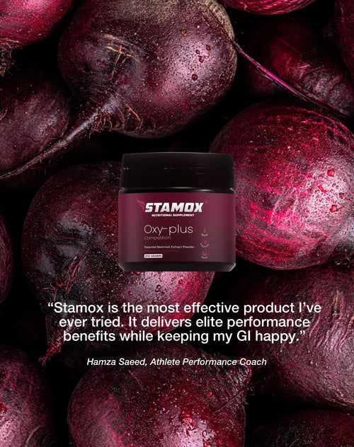 Stamox beetroot powder container with whole beetroots and athlete testimonial in background.