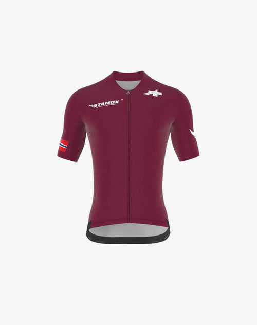 Maroon cycling jersey with Stamox Beetroot Powder logo, front view on white background