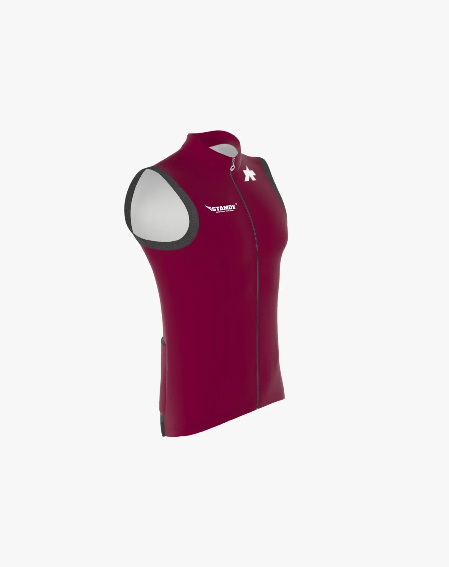 Stamox beetroot powder branded maroon sleeveless cycling vest on white background