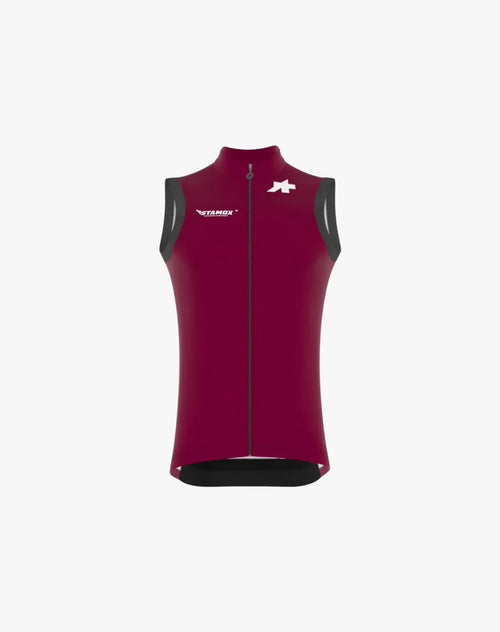 Stamox beetroot powder branded sleeveless cycling vest, maroon with white logo on front.