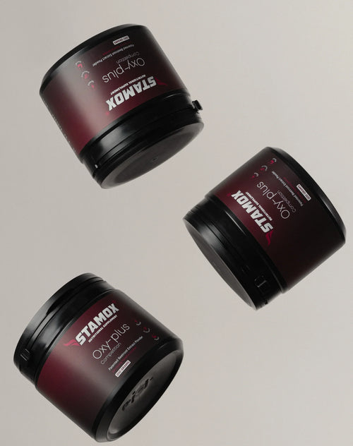 Three containers of stamox beetroot powder supplement oxy-plus on a light background