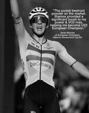 Cyclist celebrating victory with testimonial for stamox beetroot powder boosting VO2 max