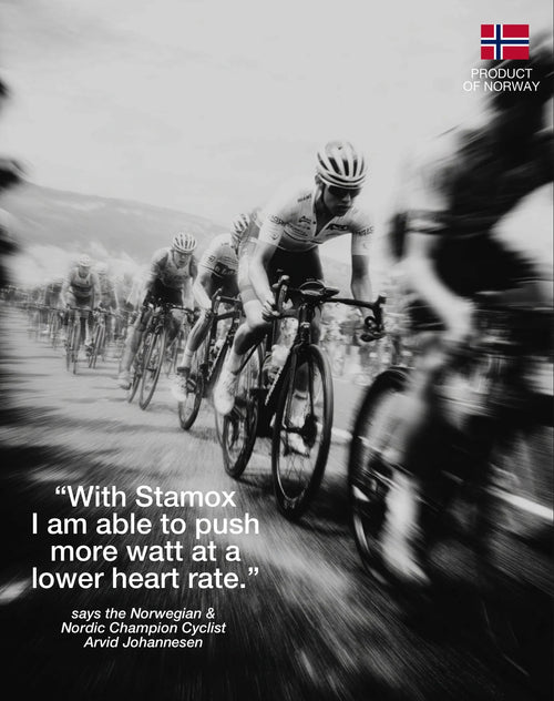 Cyclists racing intensely, with overlay text endorsing stamox beetroot powder for endurance