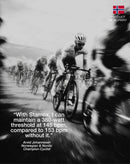 Cyclists racing on road with product of Norway flag and stamox beetroot powder athlete testimonial quote