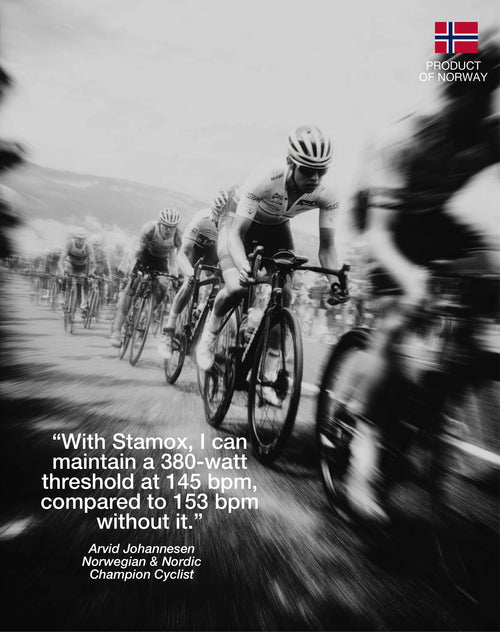 Cyclists racing on road with product of Norway flag and stamox beetroot powder athlete testimonial quote
