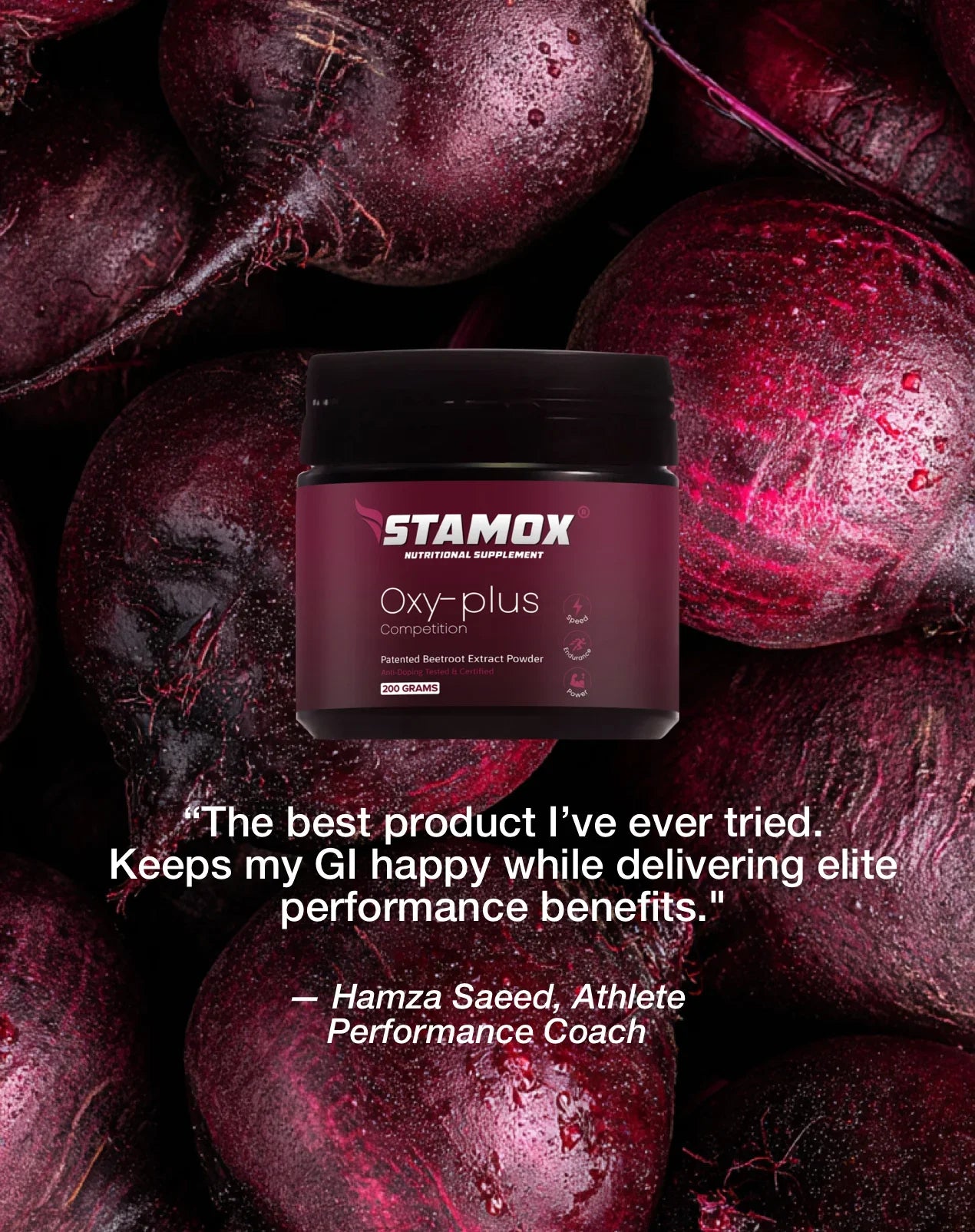 Stamox beetroot powder jar on fresh beets background with athlete testimonial text