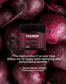 Stamox beetroot powder jar on fresh beets background with athlete testimonial text