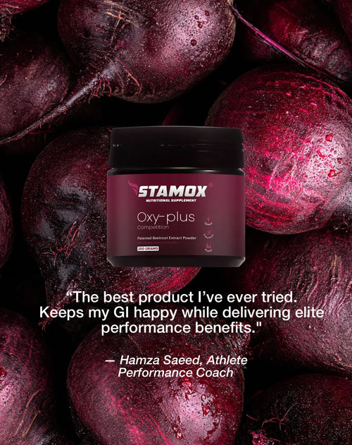 Stamox beetroot powder jar on fresh beets background with athlete testimonial text