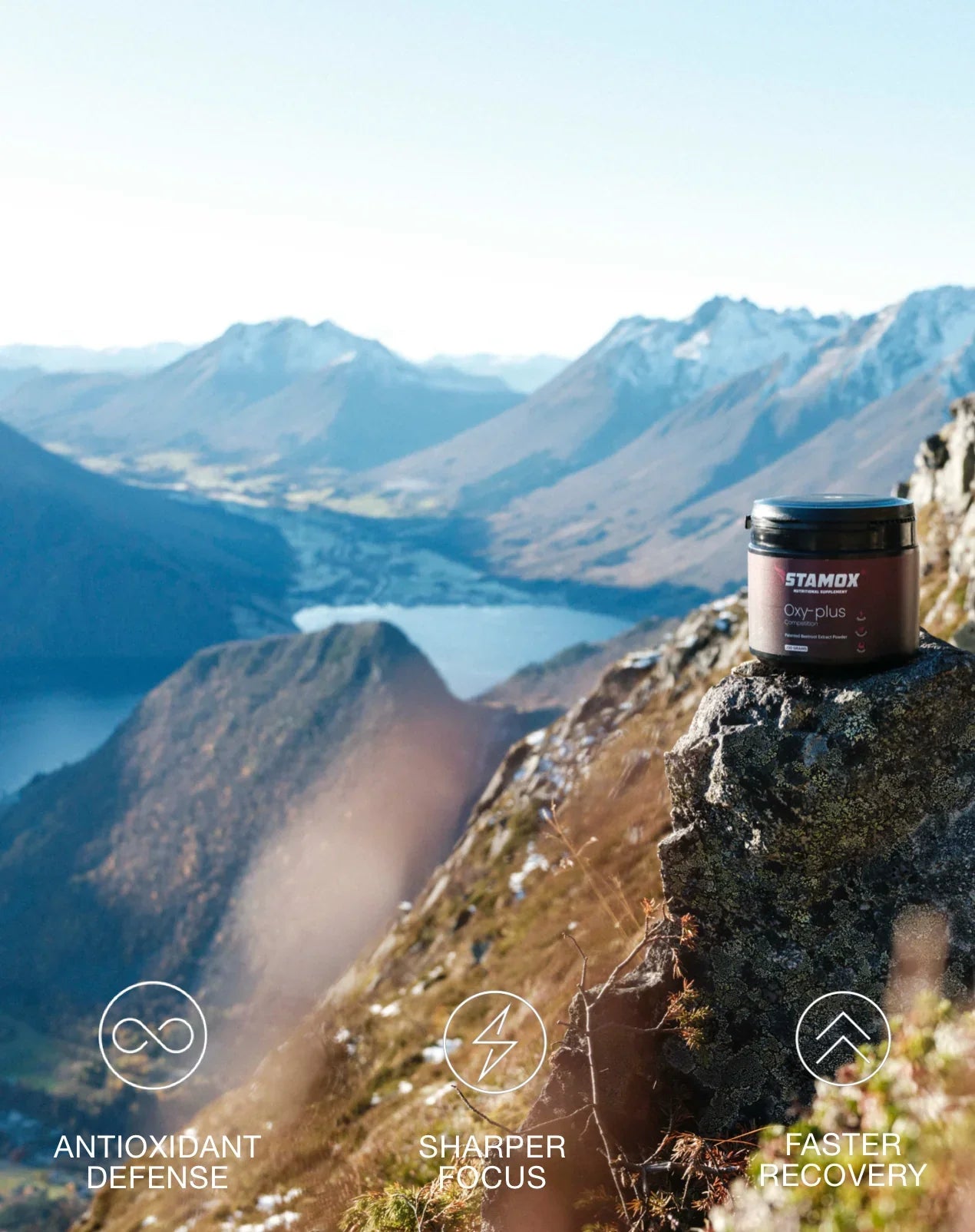 Stamox beetroot powder on mountain rock with scenic landscape, antioxidant and recovery benefits