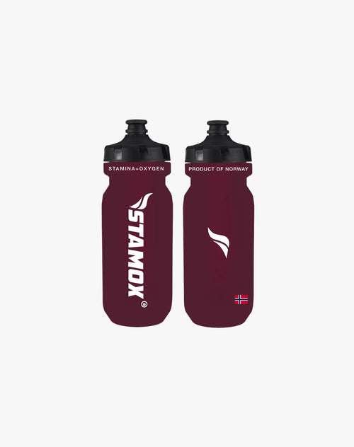 Stamox beetroot powder branded maroon water bottles with Norway flag and logo