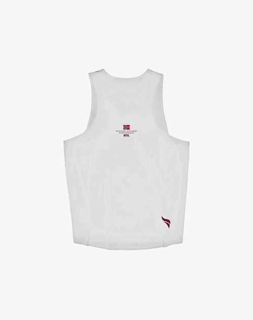White athletic tank top with Stamox beetroot powder branding and small flag on back