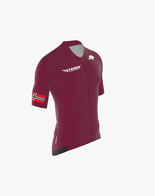 Stamox beetroot powder cycling jersey, maroon with Norway flag and Stamox logo