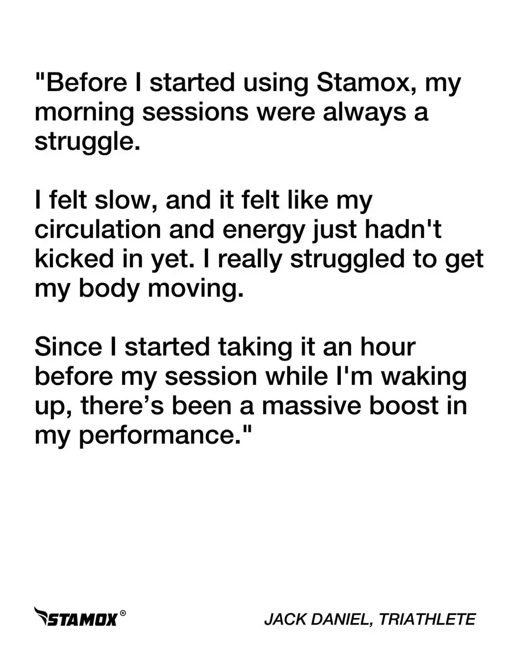 Stamox beetroot powder testimonial text with athlete endorsement and performance boost message.