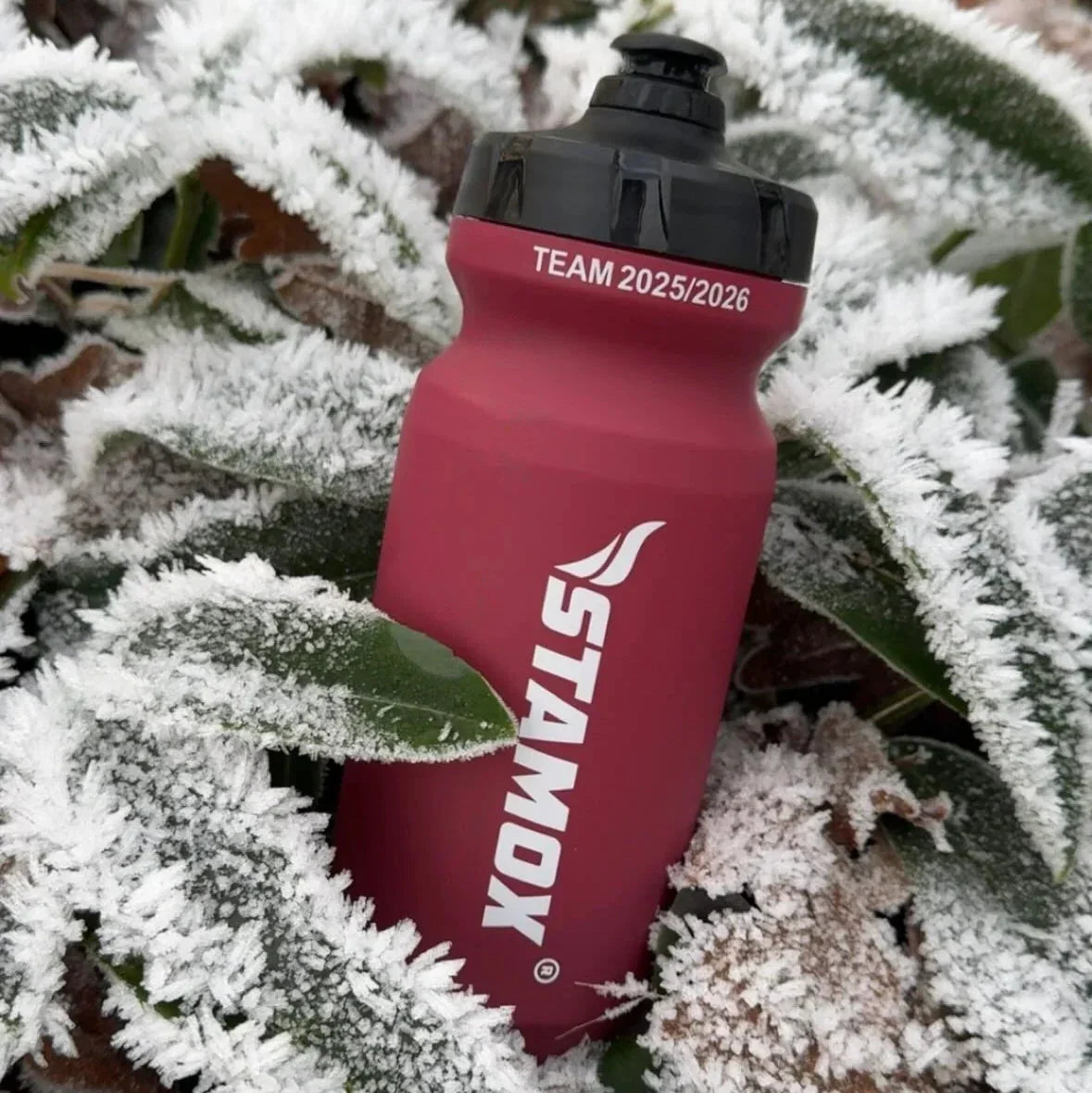 Red water bottle with black cap on a frosty plant background. STAMOX