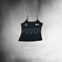 Black tank top with 'STAMOX' branding on a dark background