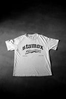 White Stamox beetroot powder t-shirt with cheetah logo on gray background